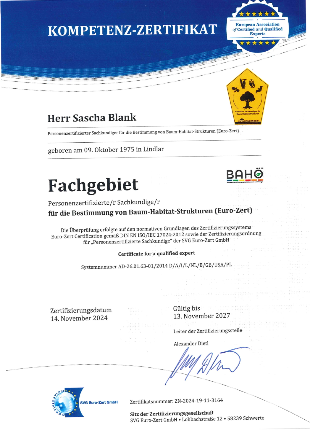 Kompetenz-Zertifikat Sascha Blank Sachkundiger für Bestimmung von Baum-Habitat-Strukturen