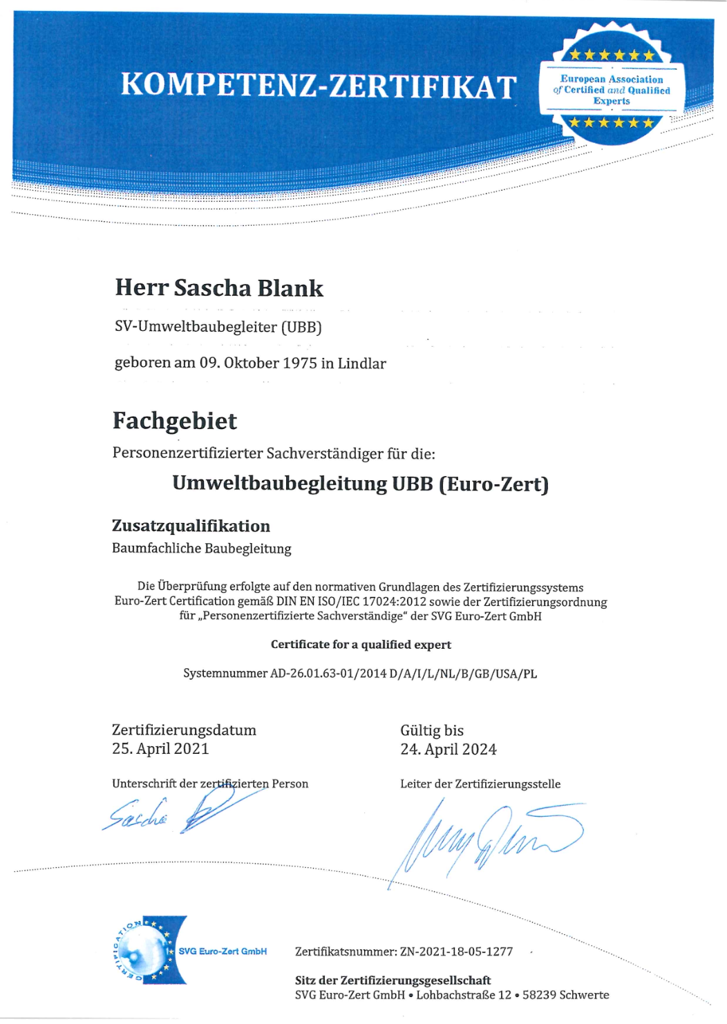 Kompetenz Zertifikat Sascha Blank Umweltbaubegleitung UBB