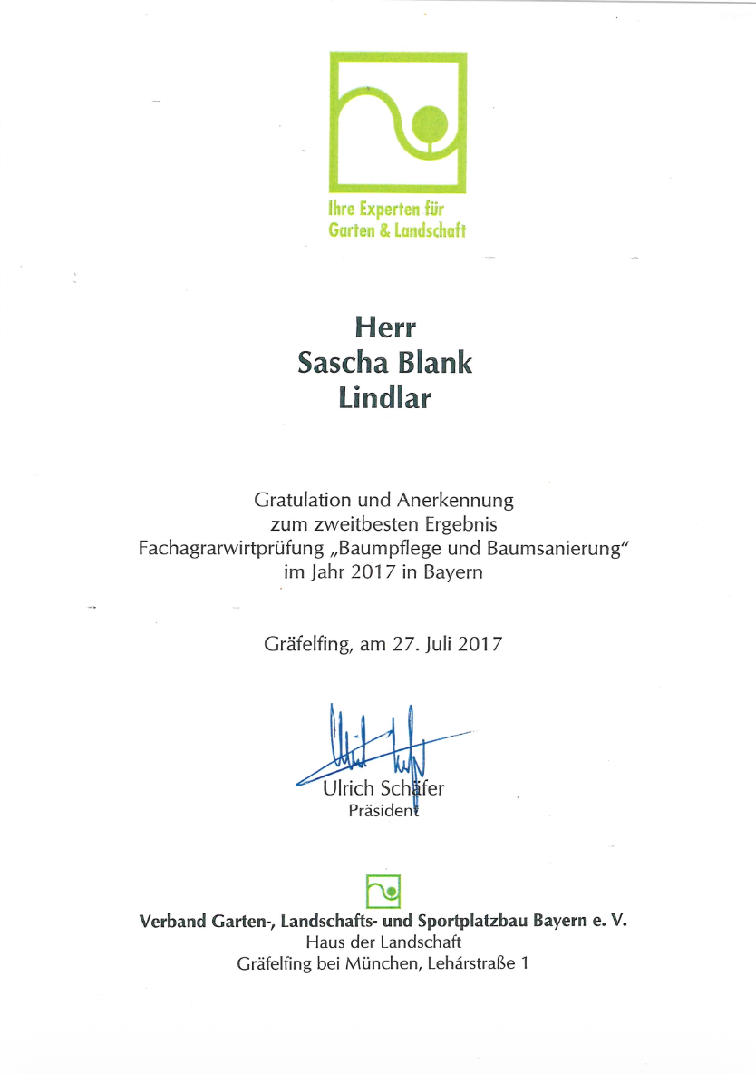 Sascha Blank Auszeichnung zweitbester Fachagrarprüfung Baumpflege und Baumsanierung