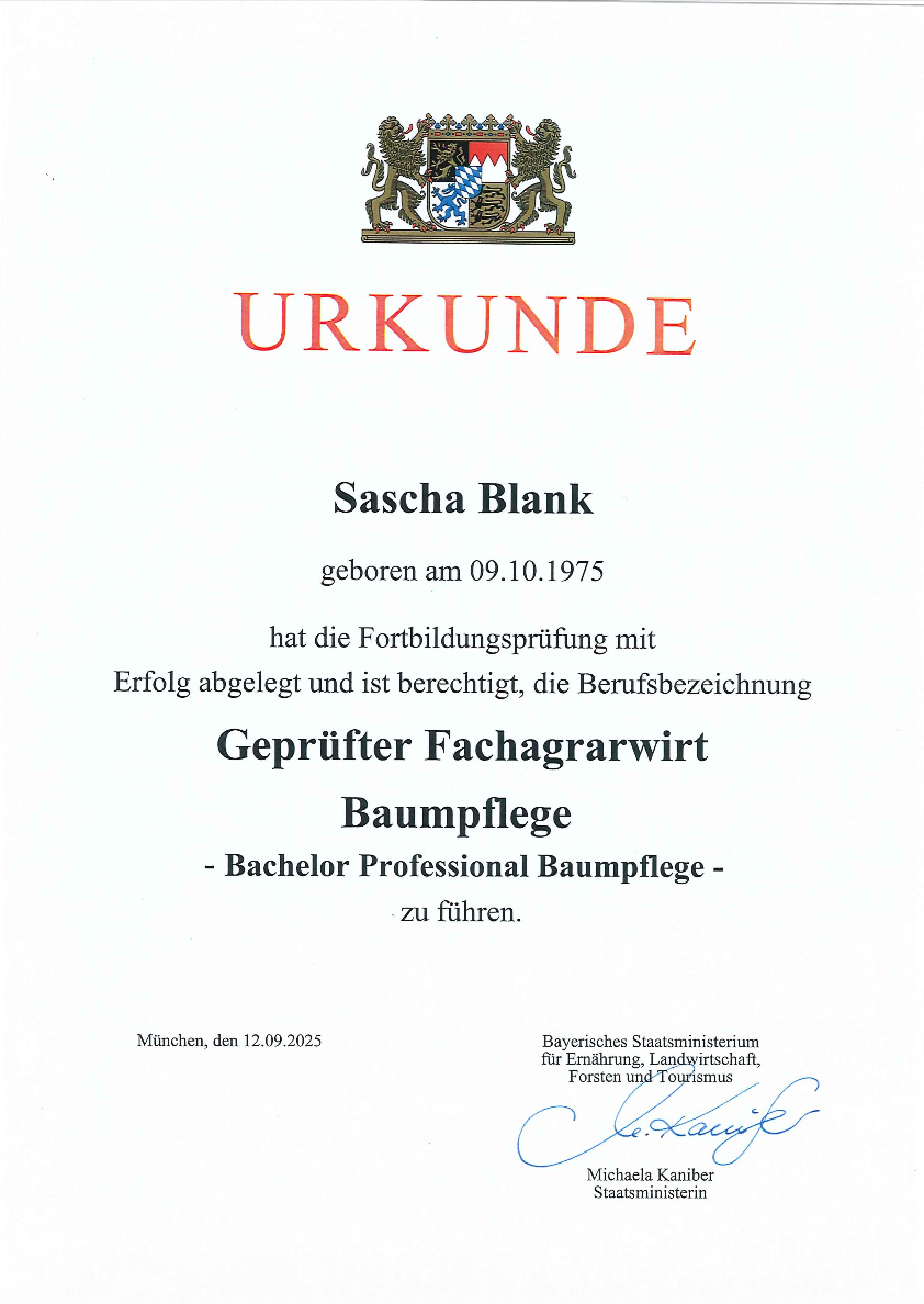 Sascha Blank Urkunde Bachelor Professional Baumpflege