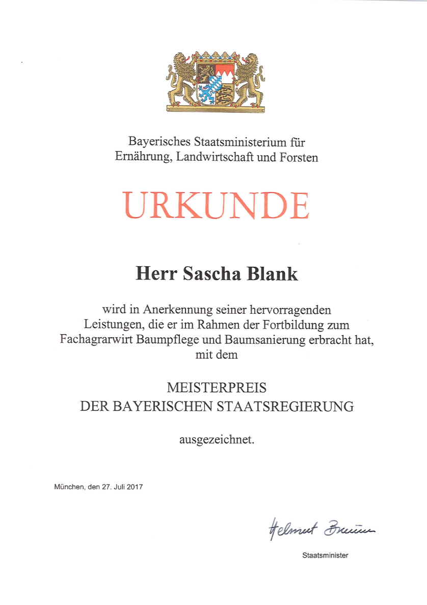 Urkunde Sascha Blank Meisterpreis der Bayerischen Staatsregierung Fachagrarwirt Baumpflege und Baumsanierung