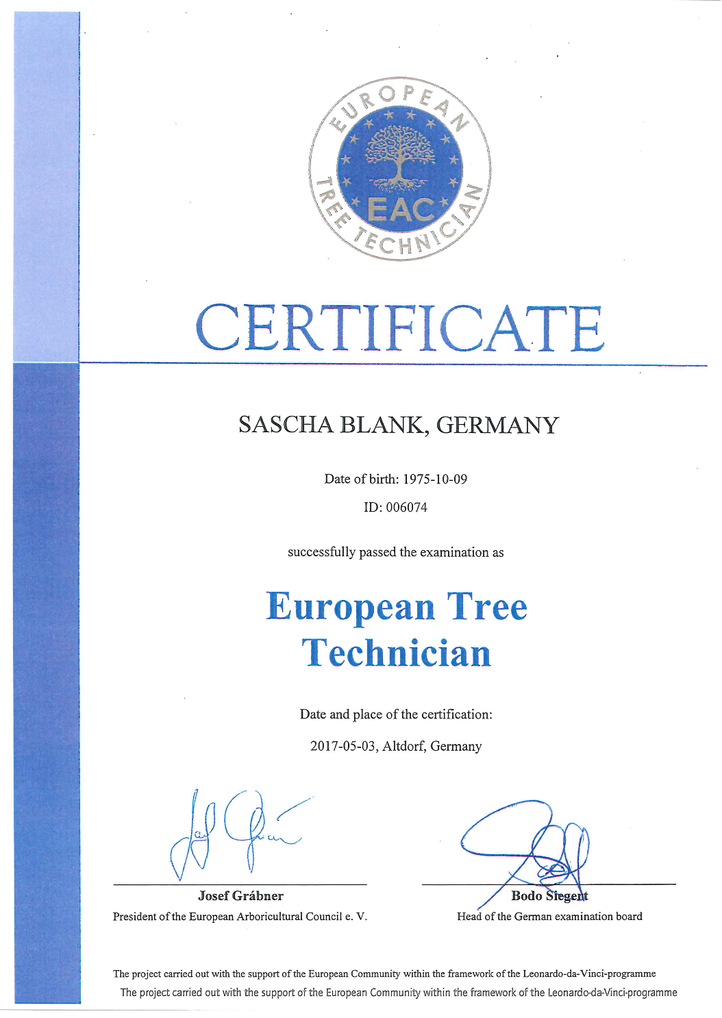 Zertifikat European Tree Technician Sascha Blank
